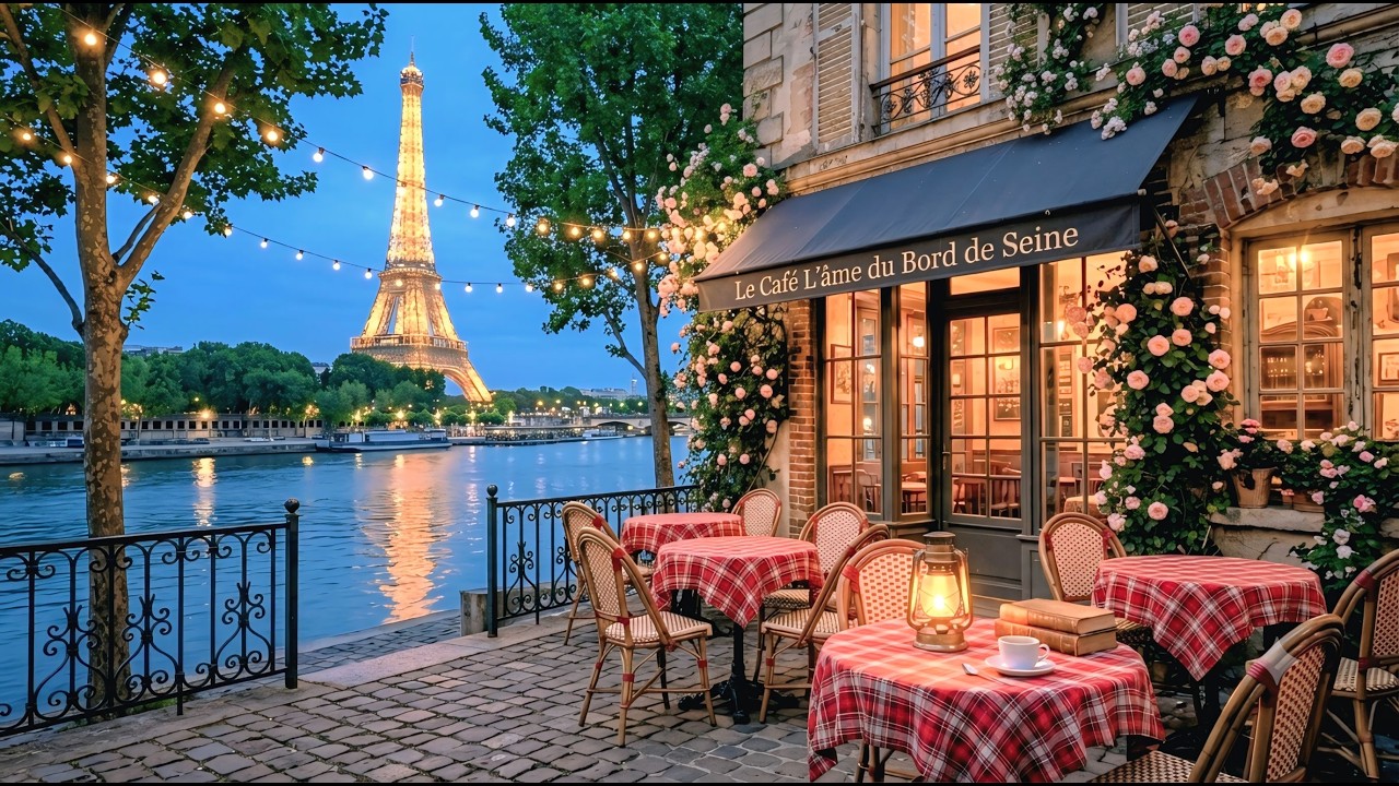 Paris Riverside Café at Night | Relaxing Piano Jazz Ambience & Eiffel Tower View ☕✨